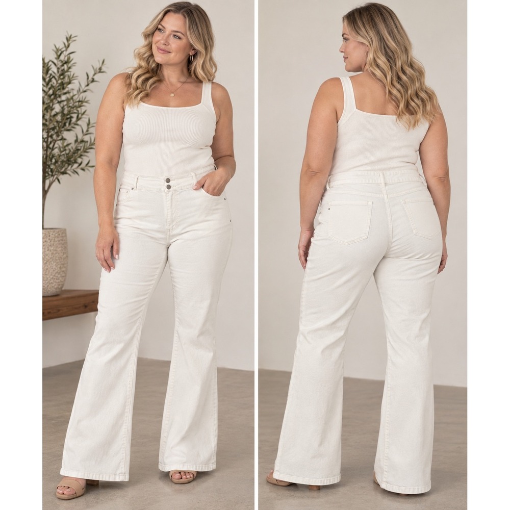 Risen Jeans 2XL White Flare Jeans High Rise Stretch Denim Double Button Plus